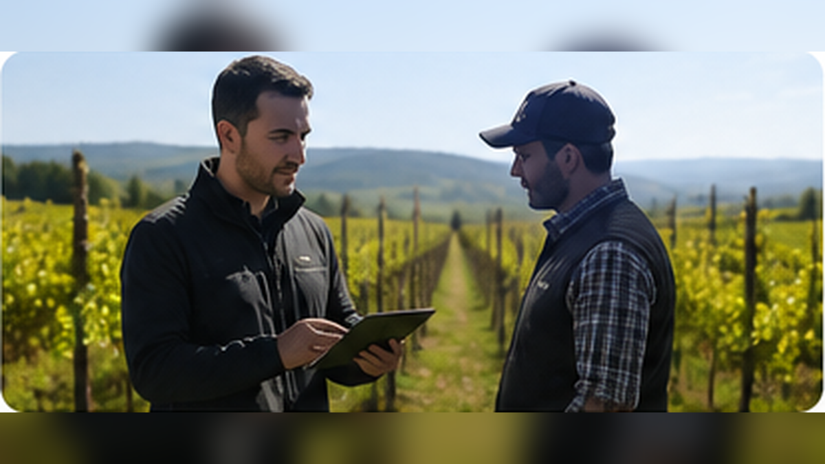 Vorgespräch zwischen einem AgriData-Mitarbeiter und einem Landwirt am Feldrand